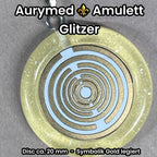 Anhänger – Resin mit Glitzer, Disc im Lakhovsky MWOn Design 18 mm, goldlegiert, kupferunterlegt, gelb – Produktansicht 1