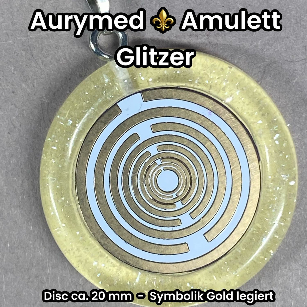 Anhänger – Resin mit Glitzer, Disc im Lakhovsky MWOn Design 18 mm, goldlegiert, kupferunterlegt, gelb – Produktansicht 1