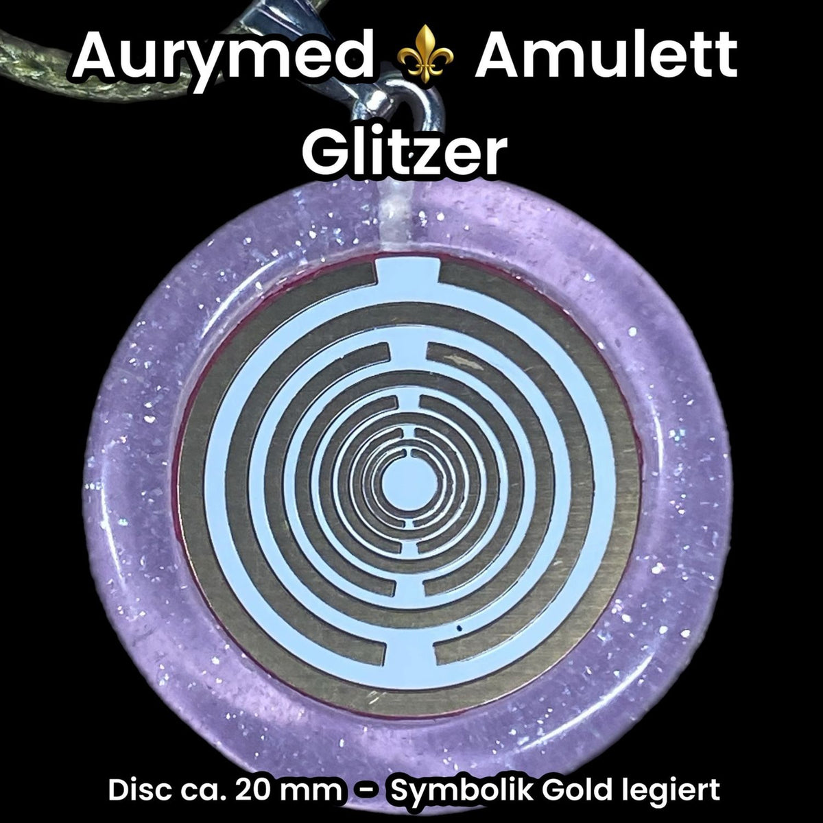 Amulett – Resin mit Glitzer – Lakhovsky MWO – 18 mm / goldlegiert / flieder lila – Produktansicht 1