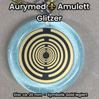 Anhänger – Resin mit Glitzer, Disc im Lakhovsky MWOn Design 18 mm, goldlegiert, kupferunterlegt, blau – Produktansicht 1