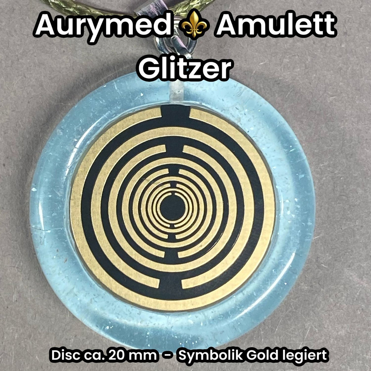 Anhänger – Resin mit Glitzer, Disc im Lakhovsky MWOn Design 18 mm, goldlegiert, kupferunterlegt, blau – Produktansicht 1