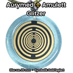 Anhänger – Resin mit Glitzer, Disc im Lakhovsky MWOn Design 18 mm, goldlegiert, kupferunterlegt, blau – Produktansicht 1