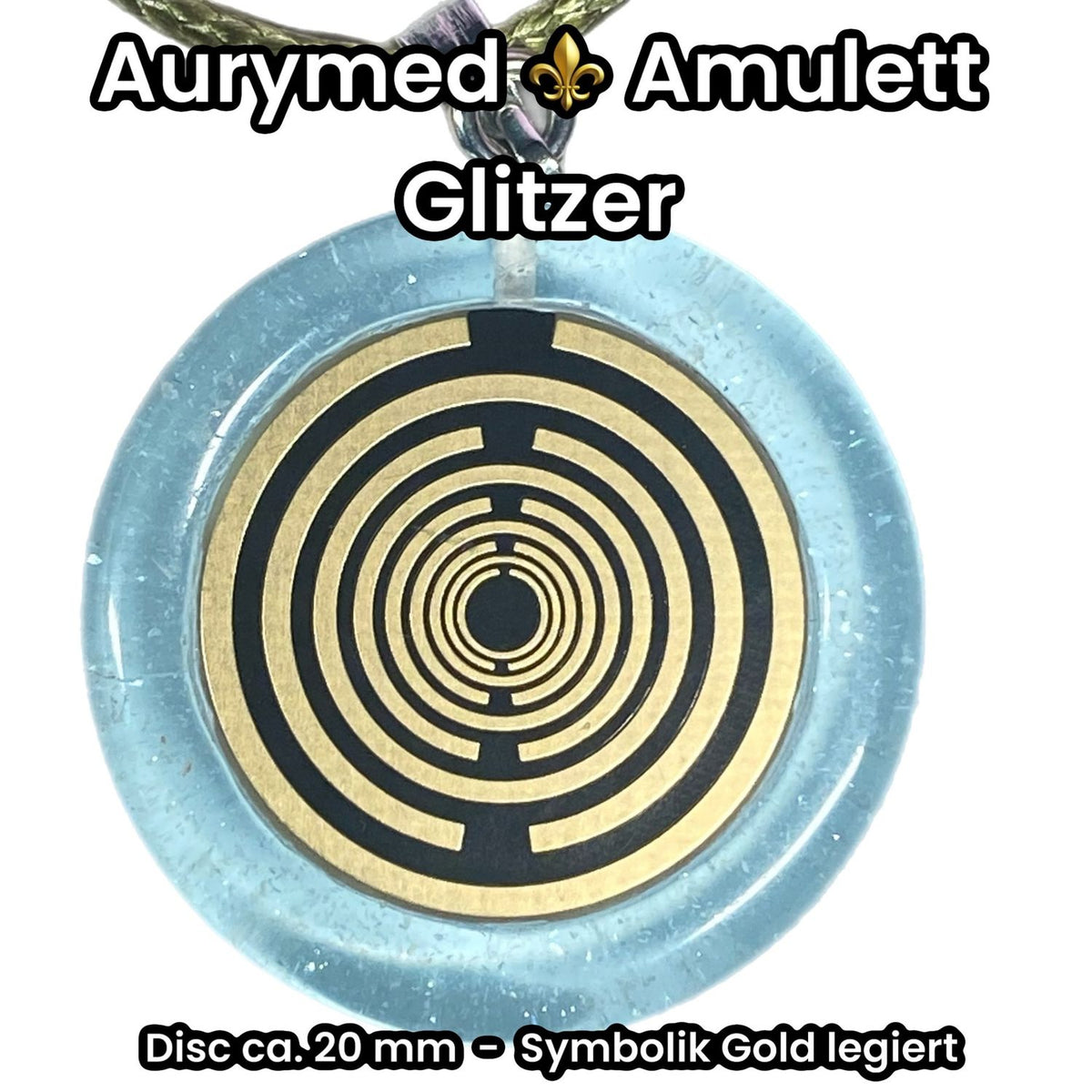 Anhänger – Resin mit Glitzer, Disc im Lakhovsky MWOn Design 18 mm, goldlegiert, kupferunterlegt, blau – Produktansicht 1