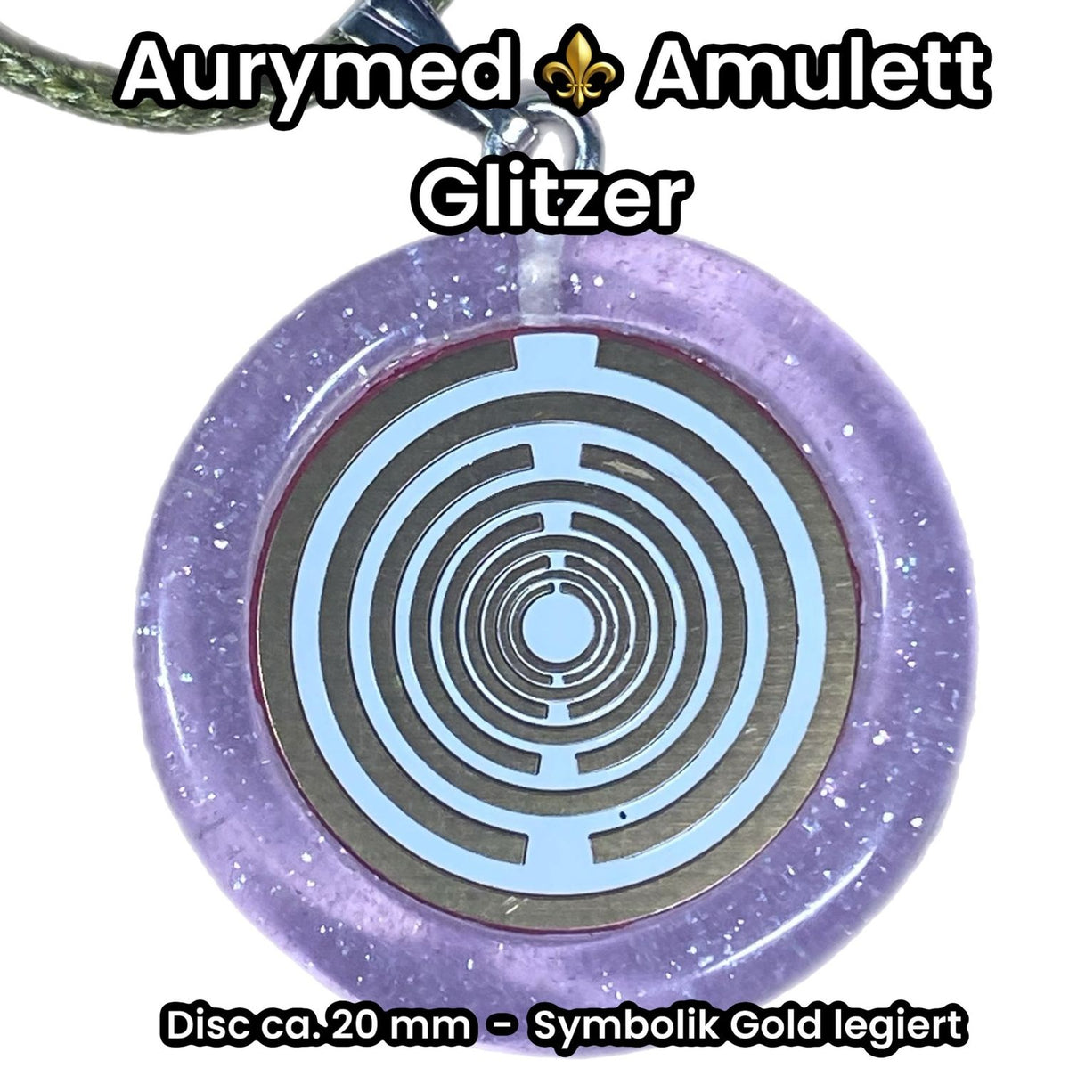 Amulett – Resin mit Glitzer – Lakhovsky MWO – 18 mm / goldlegiert / flieder lila – Produktansicht 1