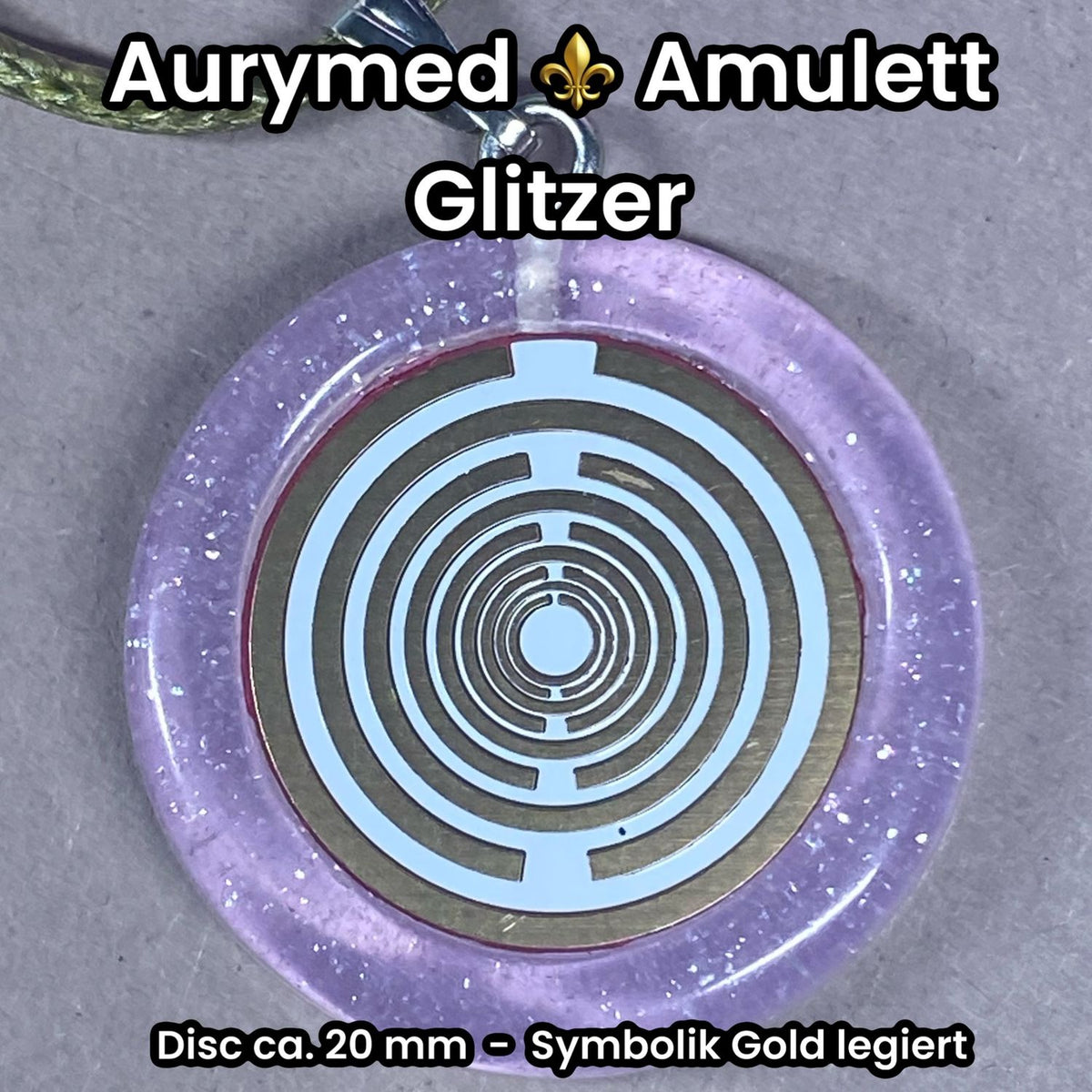 Amulett – Resin mit Glitzer – Lakhovsky MWO – 18 mm / goldlegiert / flieder lila – Produktansicht 1