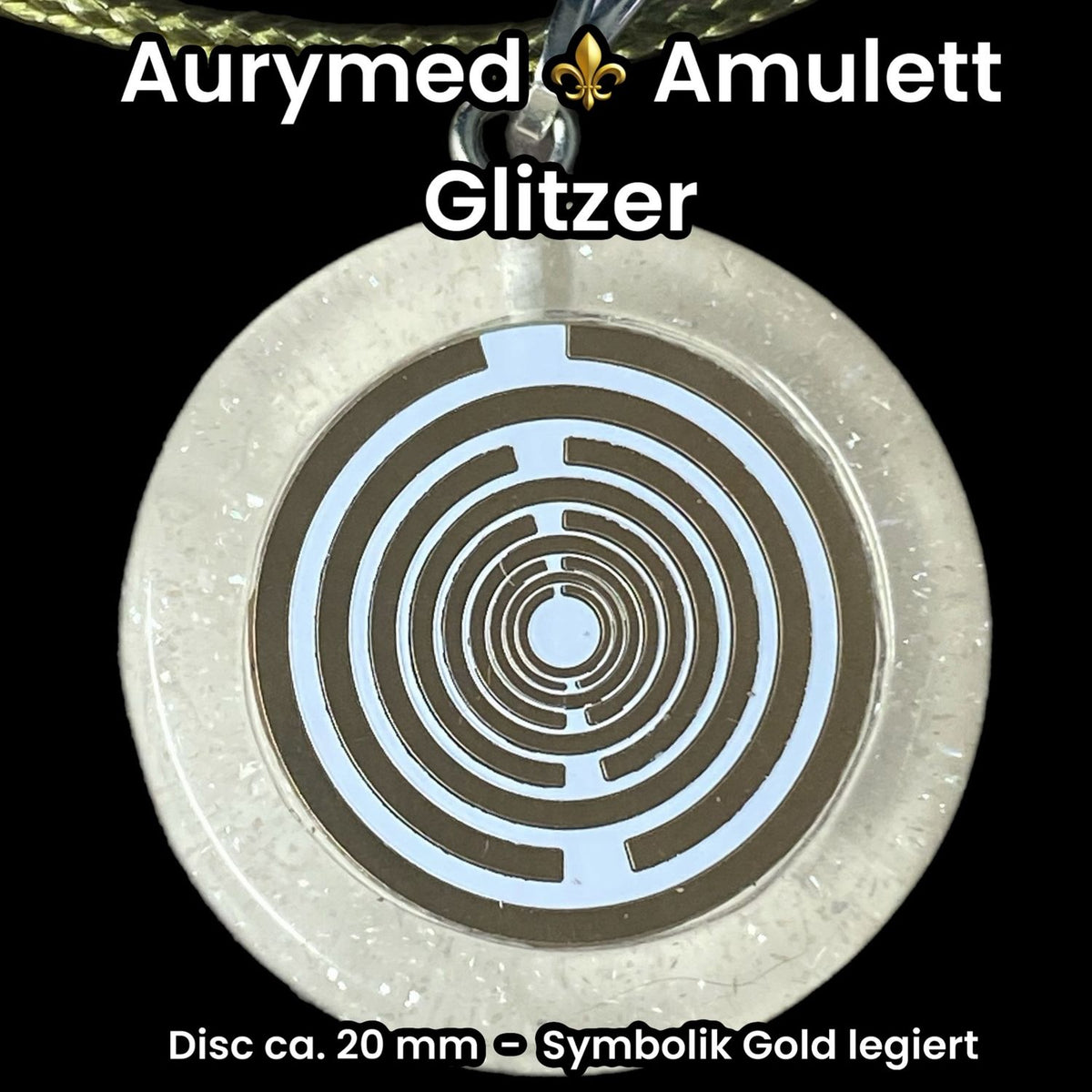 Amulett – Resin mit Glitzer – Lakhovsky MWO – 18 mm / goldlegiert / transparent weiß – Produktansicht 1