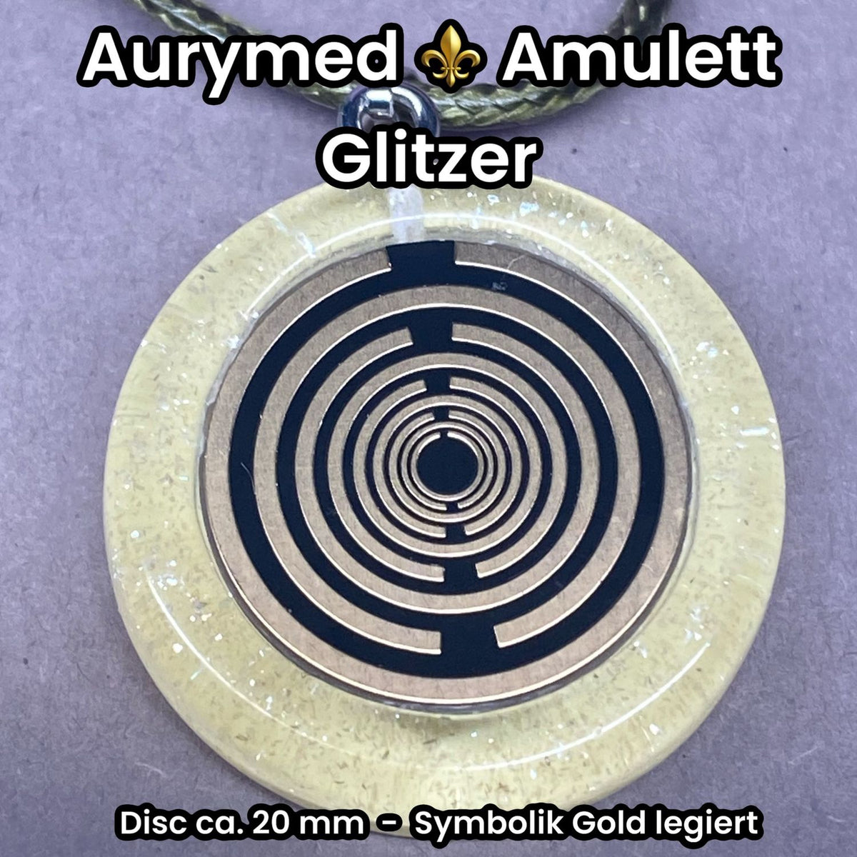 Amulett – Resin mit Glitzer – Lakhovsky MWO – 18 mm / goldlegiert / transparent gelb – Produktansicht 1