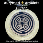 Amulett – Resin mit Glitzer – Lakhovsky MWO – 18 mm / goldlegiert / transparent gelb – Produktansicht 1