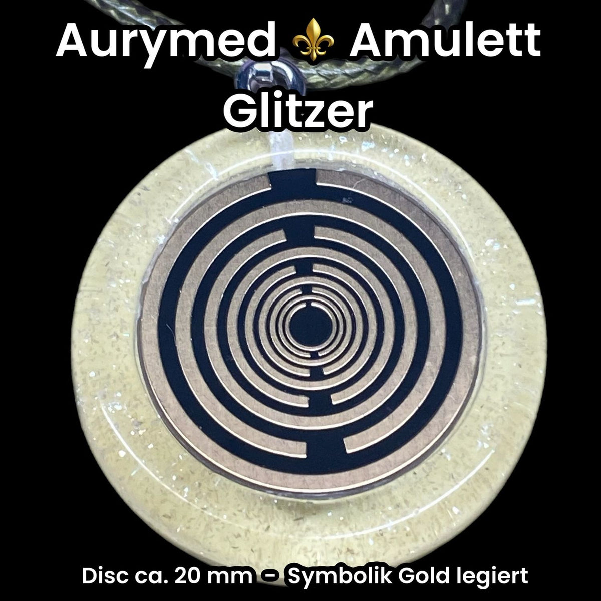 Amulett – Resin mit Glitzer – Lakhovsky MWO – 18 mm / goldlegiert / transparent gelb – Produktansicht 1