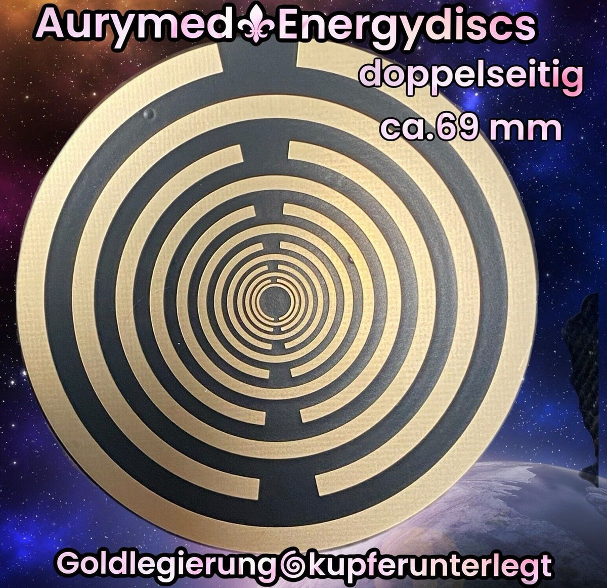 69 mm Disc – 1 Stück – MWO Lakhovsky MWO doppelseitig, schwarz, Symbolik goldlegiert, kupferunterlegt – Produktansicht 1