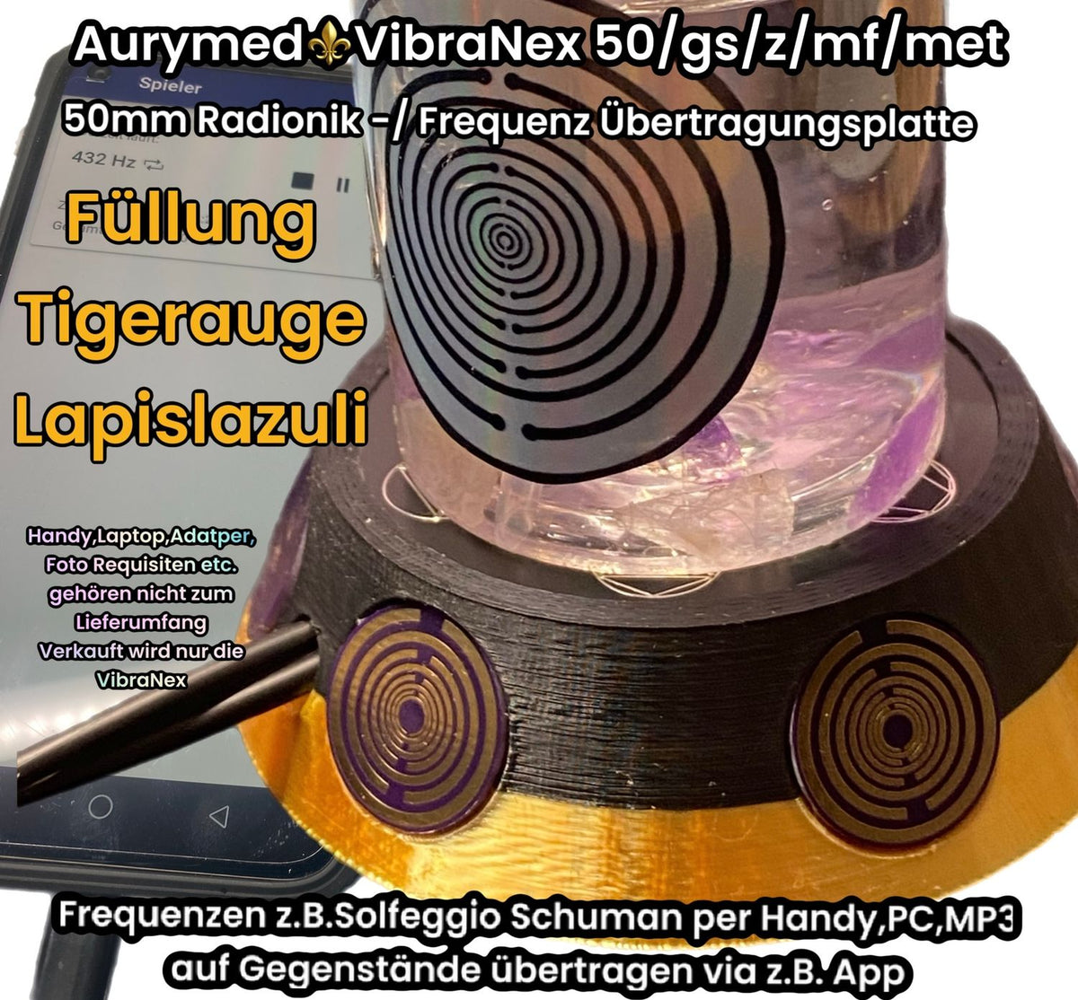 50 mm VibraNex UFO – 2-farbig, Oberflächensymbolik zinnlegiert, Füllung Tigerauge & Lapislazuli – Produktansicht 1