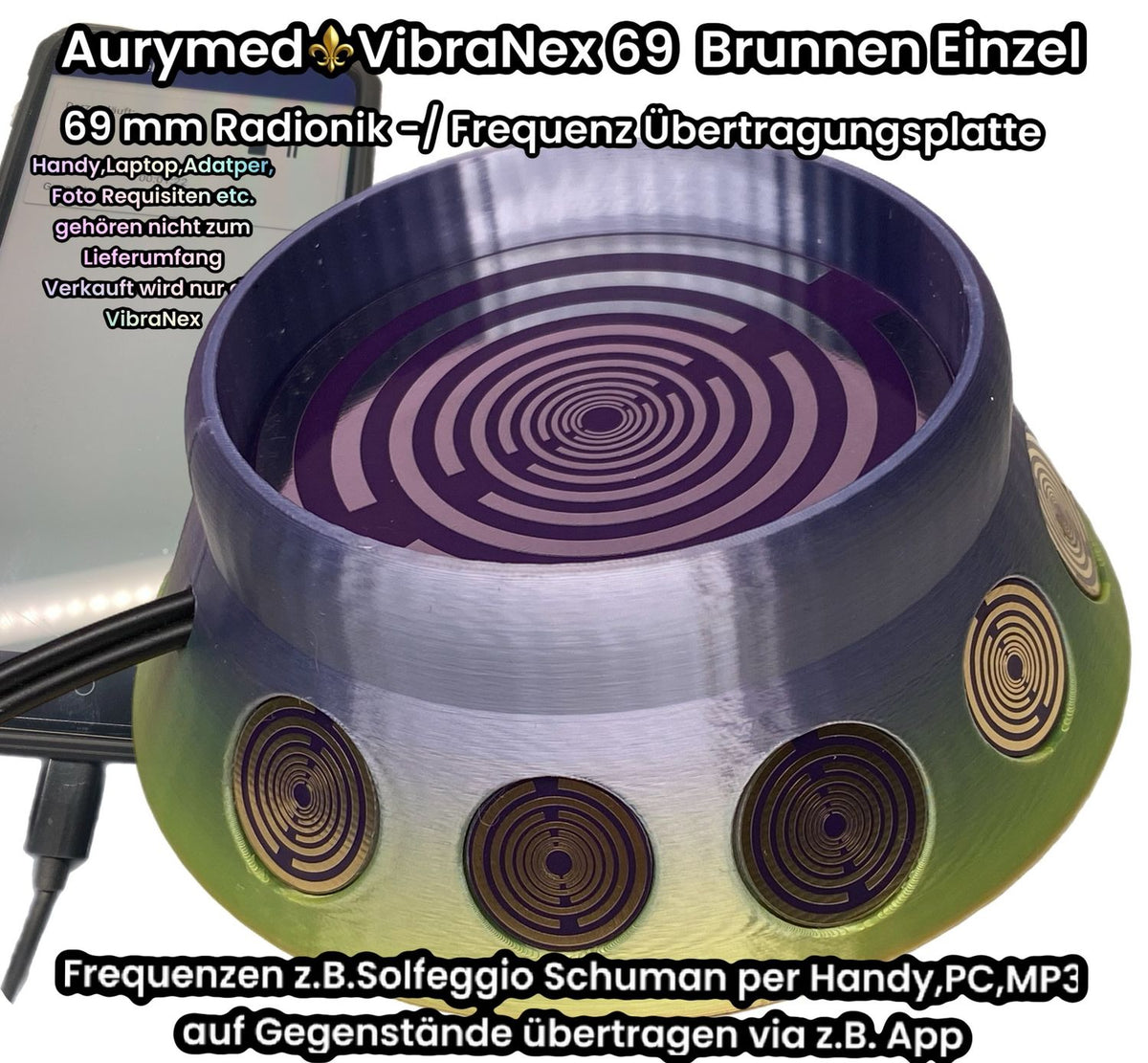 69 mm VibraNex Brunnen – Einhorn glänzend, Oberflächenplatte zinnlegiert – EINZELSTÜCK – Produktansicht 1
