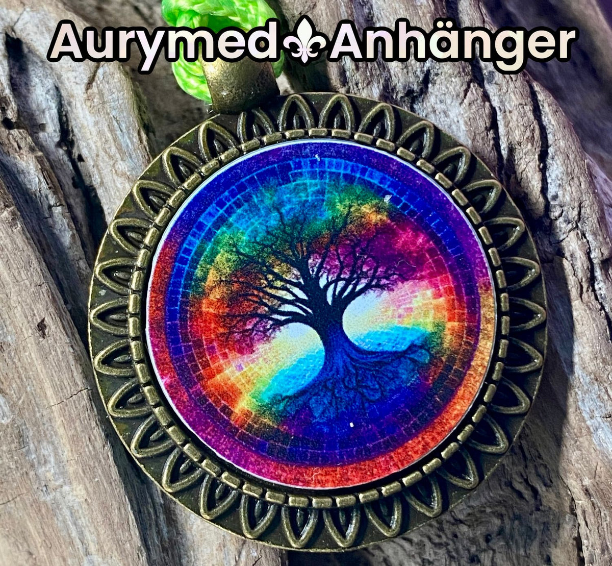 Amulett – bronzefarben, Baum des Lebens, Disc in regenbogenfarbend 25 mm – Produktansicht 1