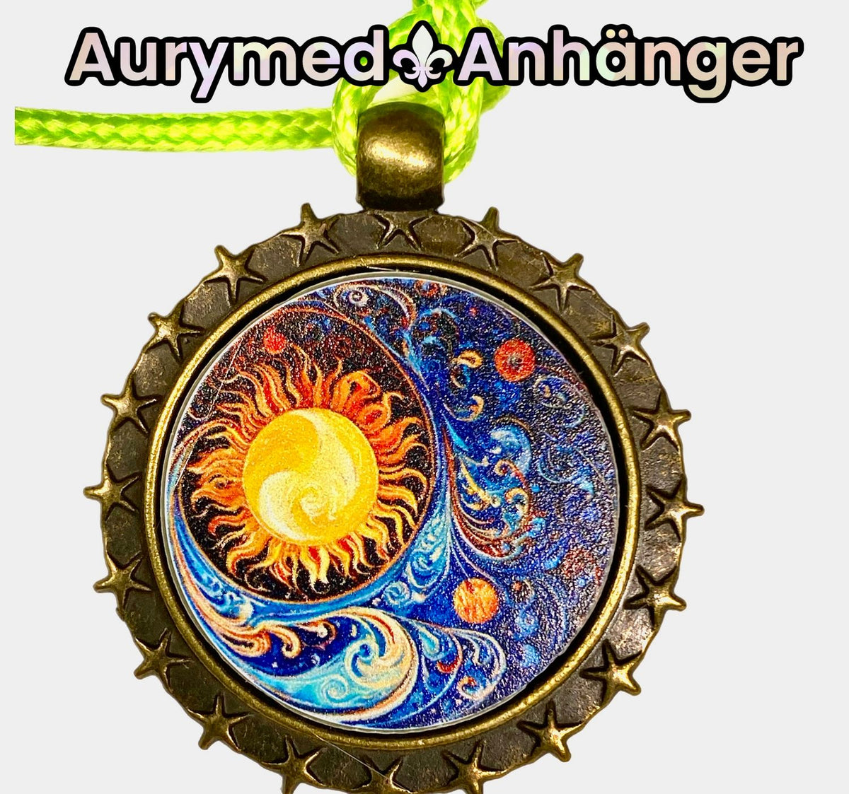 Amulett – bronzefarben, Sonne Mond Himmel, Disc in regenbogenfarbend 25 mm – Produktansicht 1