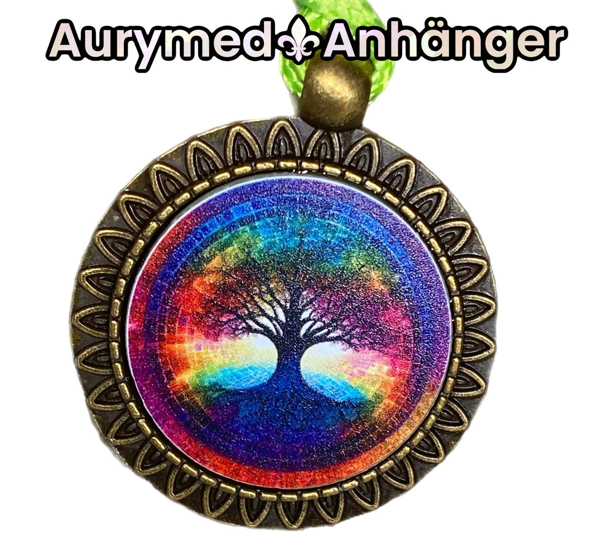 Amulett – bronzefarben, Baum des Lebens, Disc in regenbogenfarbend 25 mm – Produktansicht 1