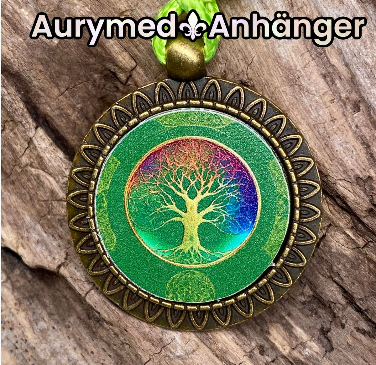 Amulett – bronzefarben, Baum des Lebens, Disc in regenbogenfarbend 25 mm – Produktansicht 1
