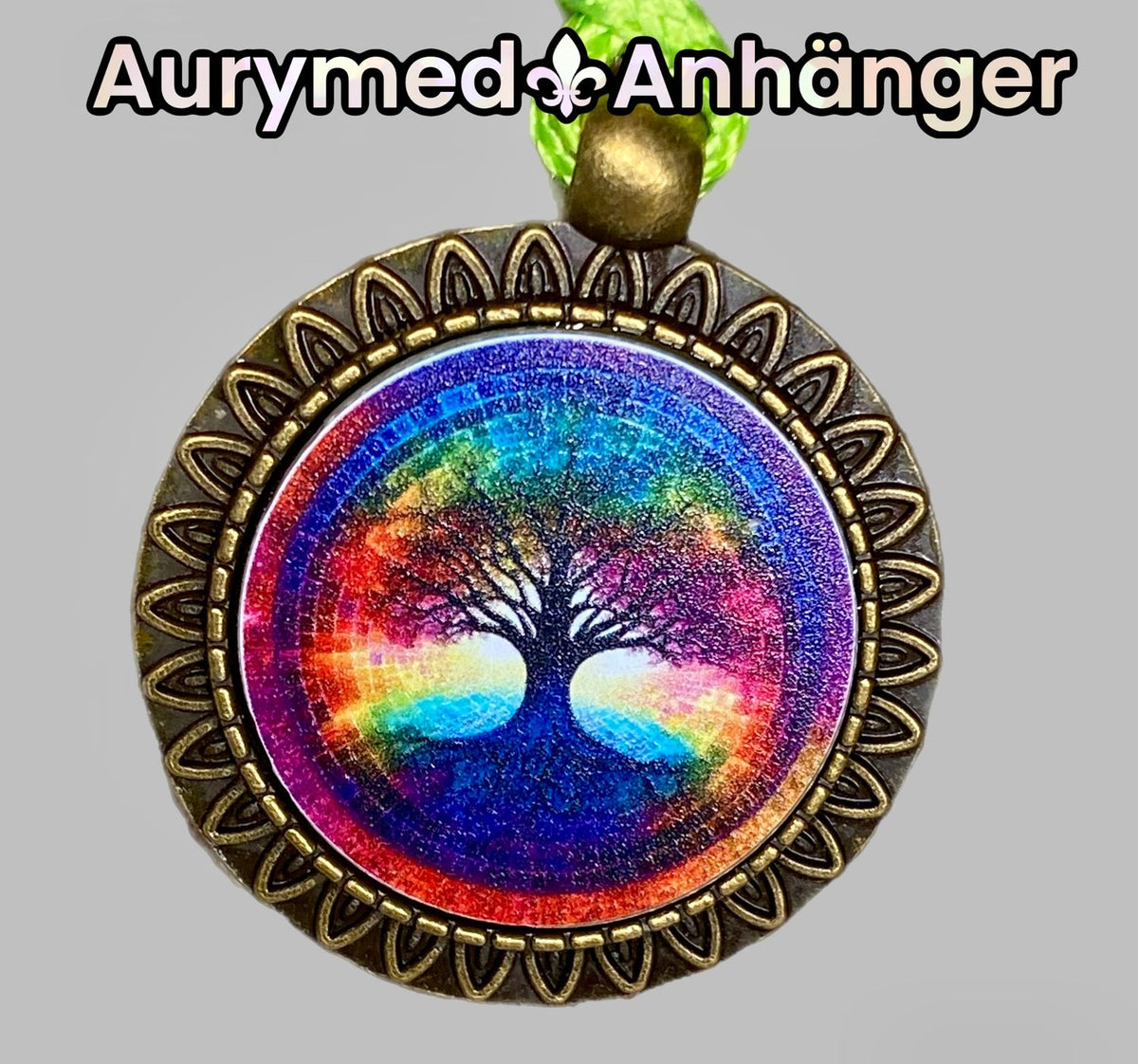 Amulett – bronzefarben, Baum des Lebens, Disc in regenbogenfarbend 25 mm – Produktansicht 1