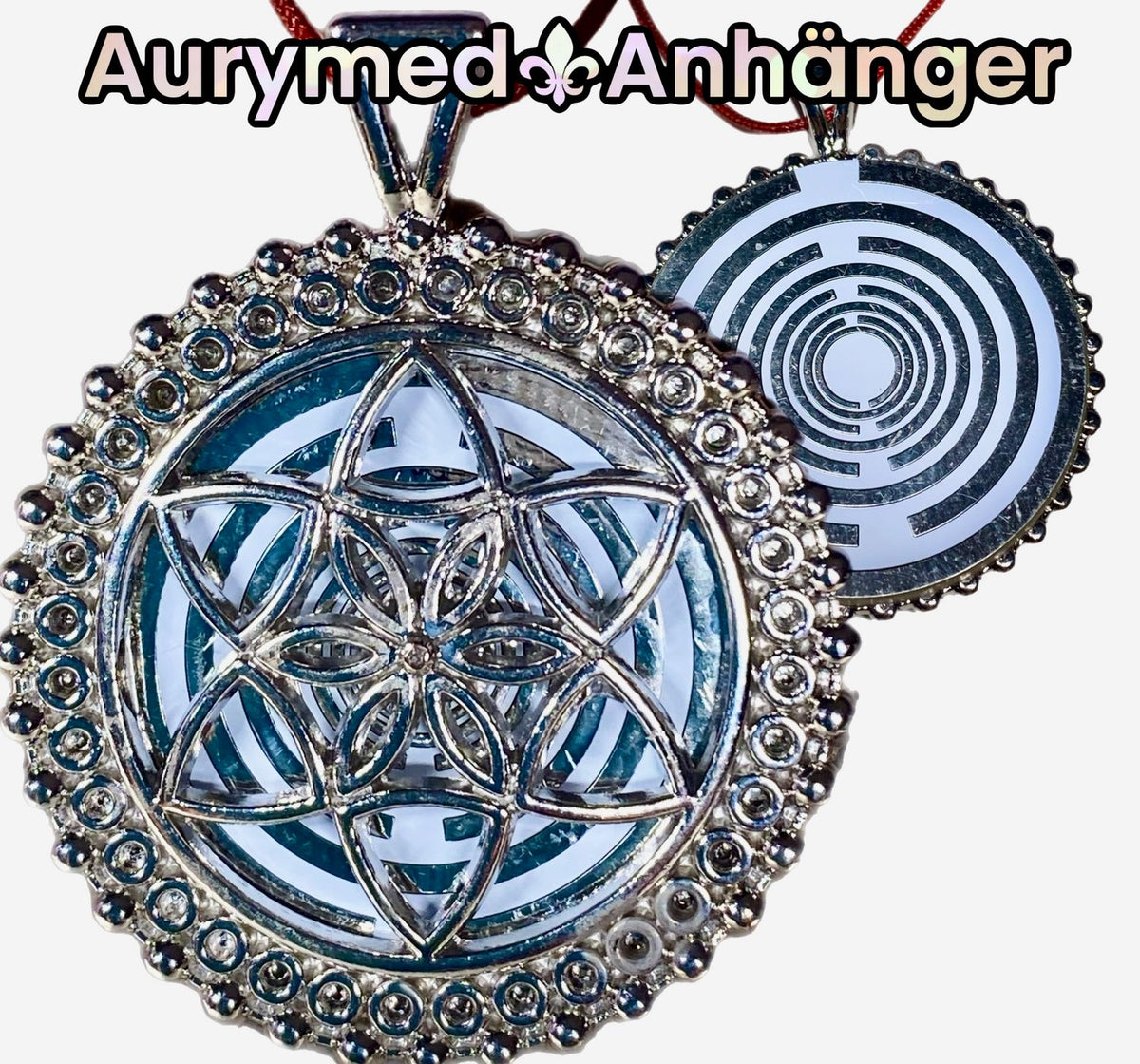 Amulett – Lakhovsky MWOals weisser 35 mm Coin mit zinnlegiert in eine silberfarben Fassung eingearbeitet – Produktansicht 1