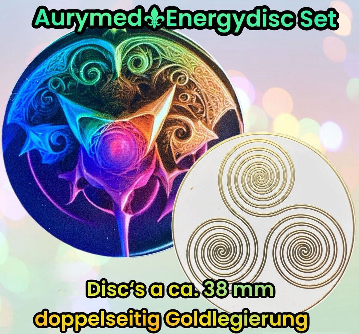 38 mm Disc 6er-Set – 6 Stück – 3fach Triskele – Fantasie Symbolik – goldlegiert – Produktansicht 1