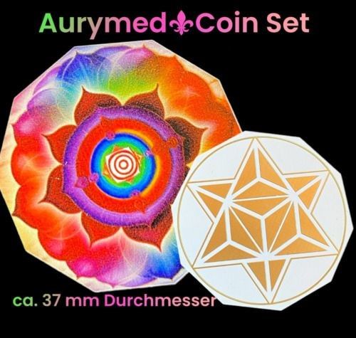 37 mm Disc 6er – Set – Merkaba+ den Regenbogen Lotus, doppelseitig, 1 Seite goldlegiert, kupferunterlegt – Produktansicht 1