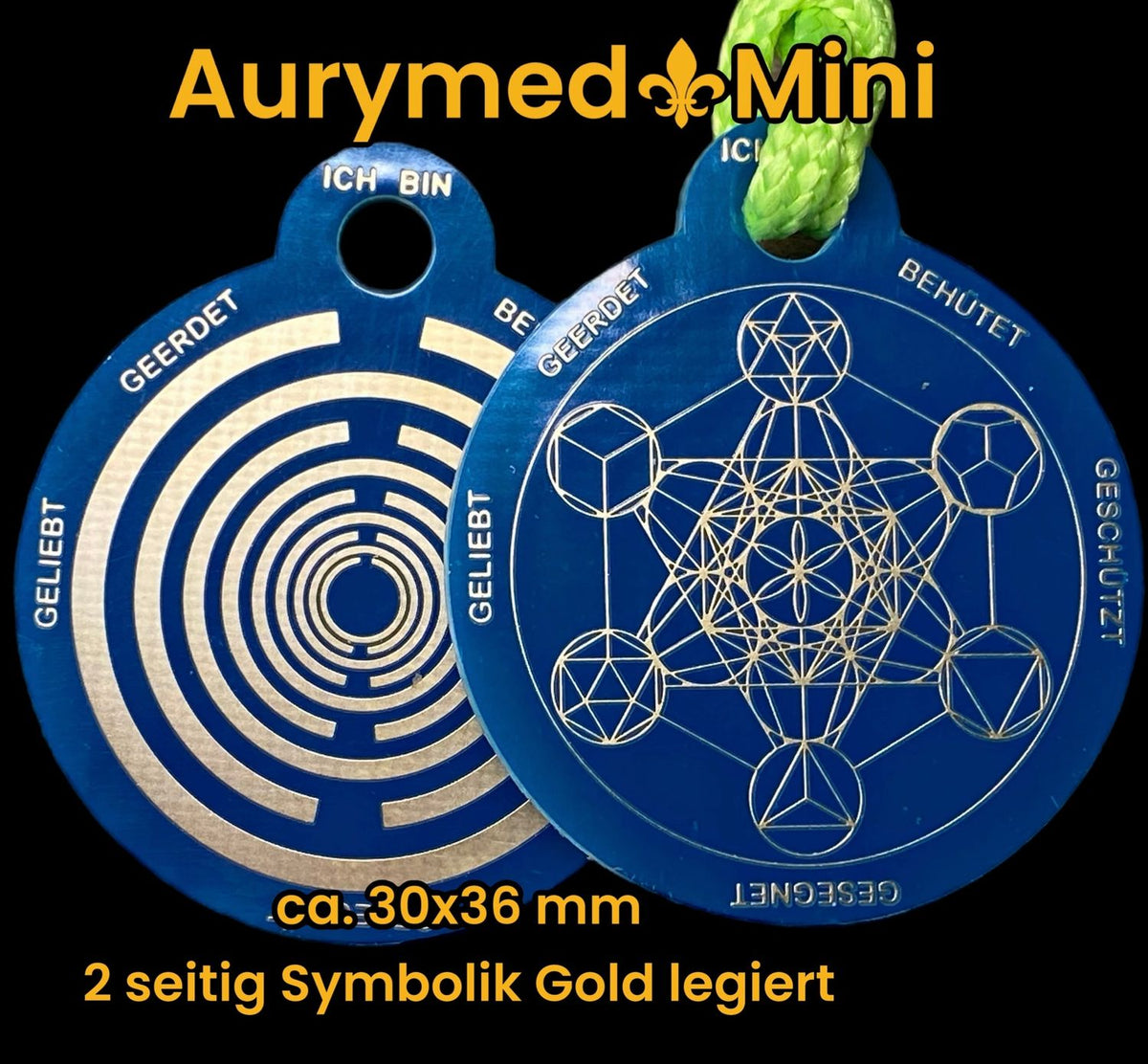 Anhänger Mini Serie rund – Lakhovsky MWOn Symbol Design – Metatron und "Ich bin" Mantren – Produktansicht 1