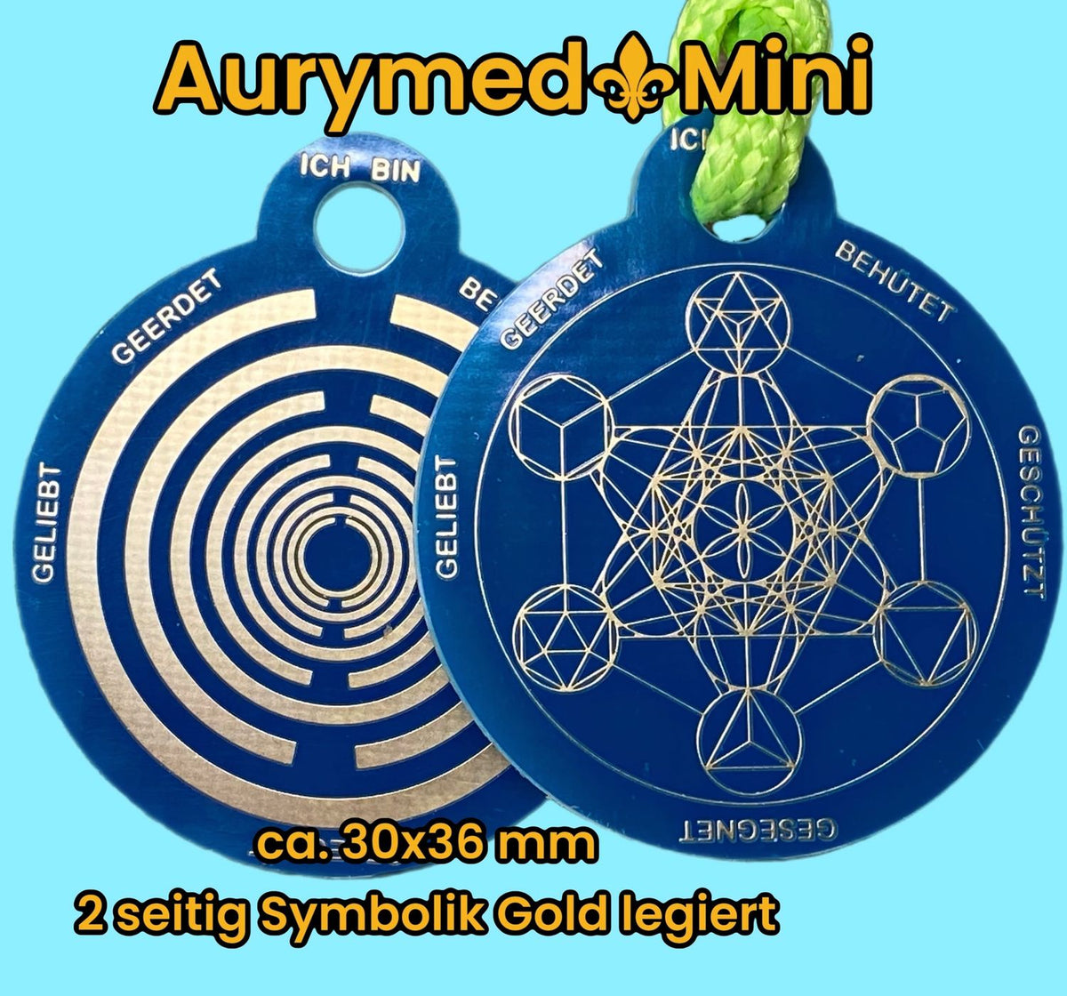 Anhänger Mini Serie rund – Lakhovsky MWOn Symbol Design – Metatron und "Ich bin" Mantren – Produktansicht 1