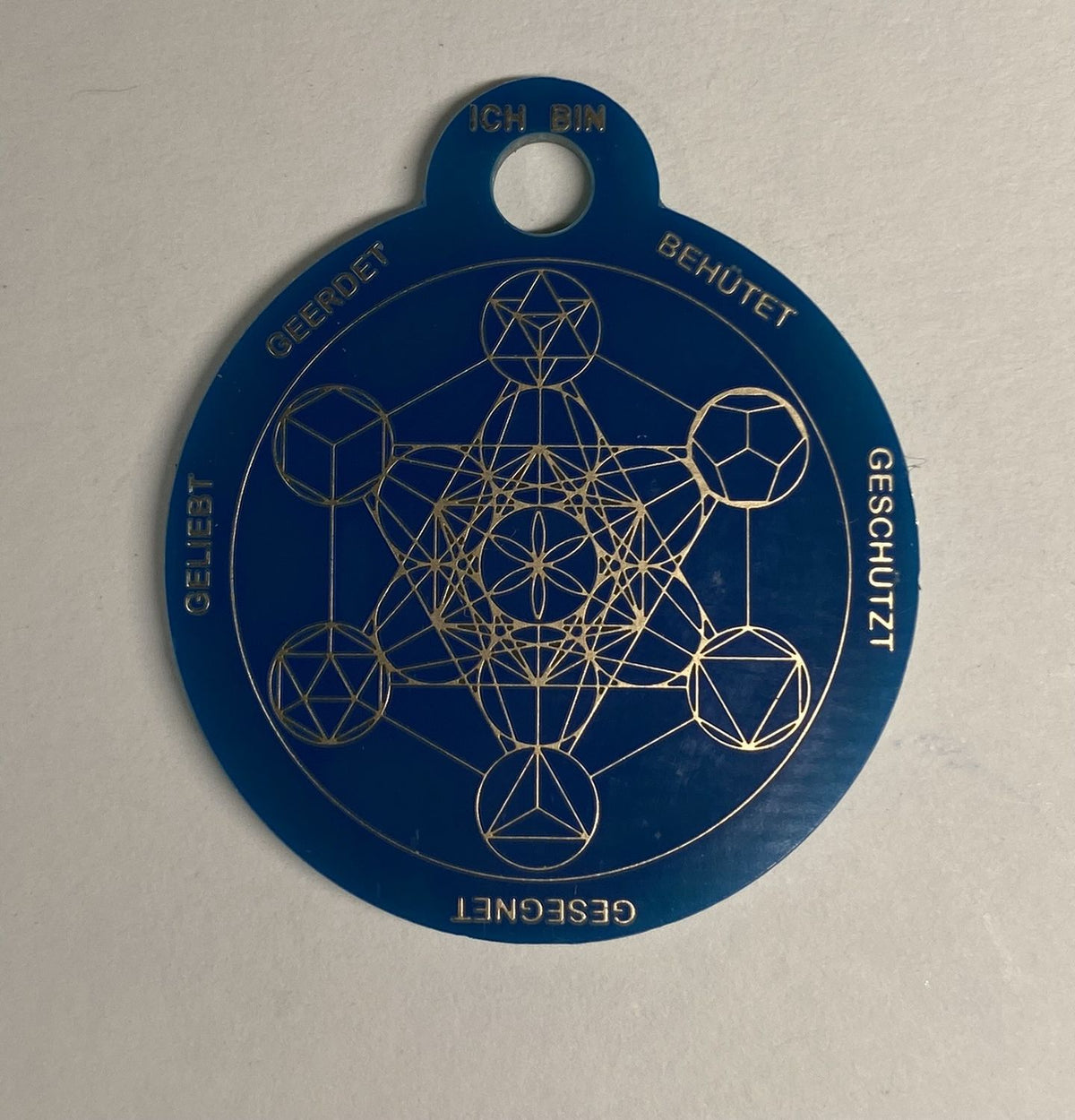 Anhänger Mini Serie rund – Lakhovsky MWOn Symbol Design – Metatron und "Ich bin" Mantren – Produktansicht 1