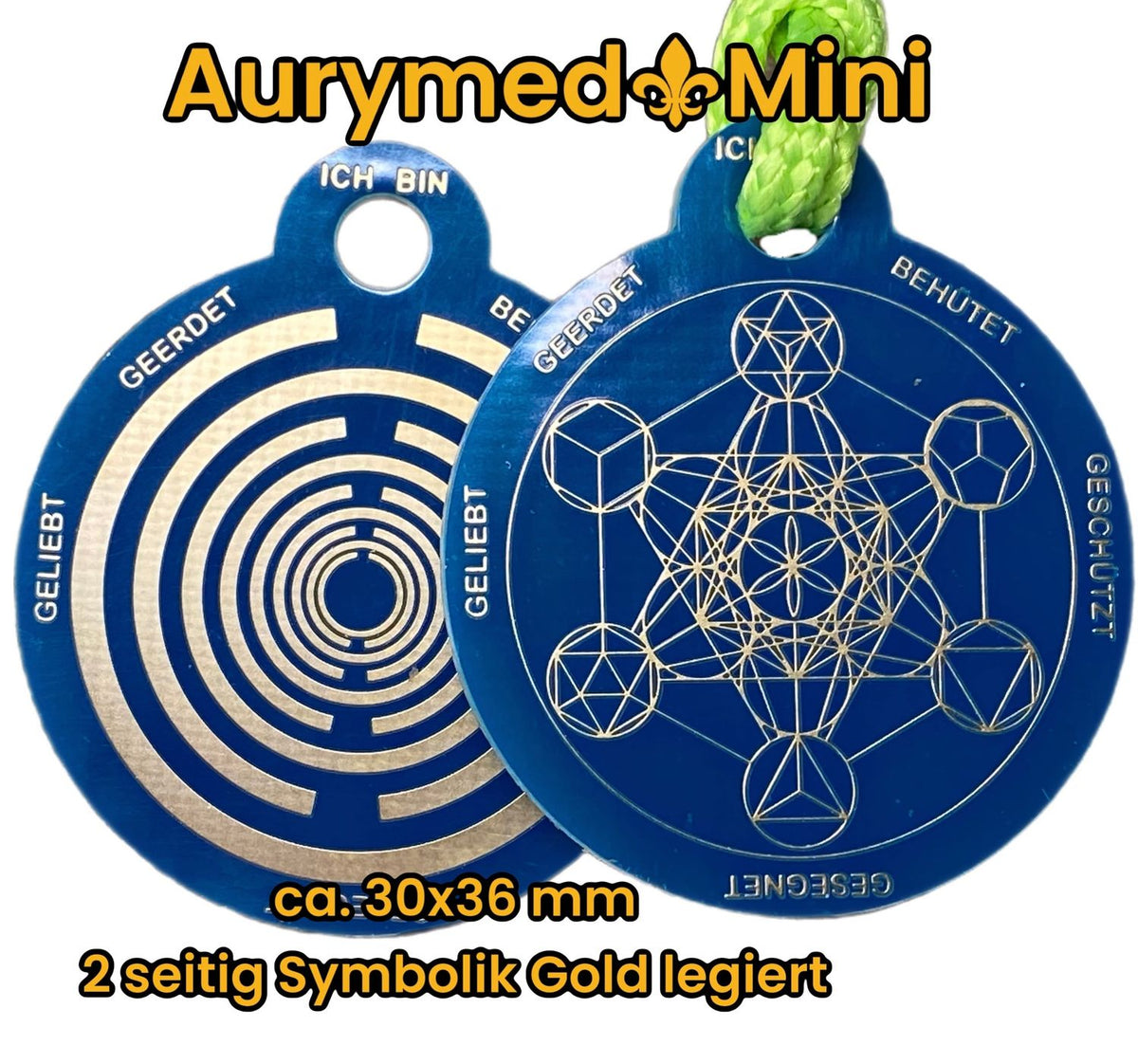 Anhänger Mini Serie rund – Lakhovsky MWOn Symbol Design – Metatron und "Ich bin" Mantren – Produktansicht 1