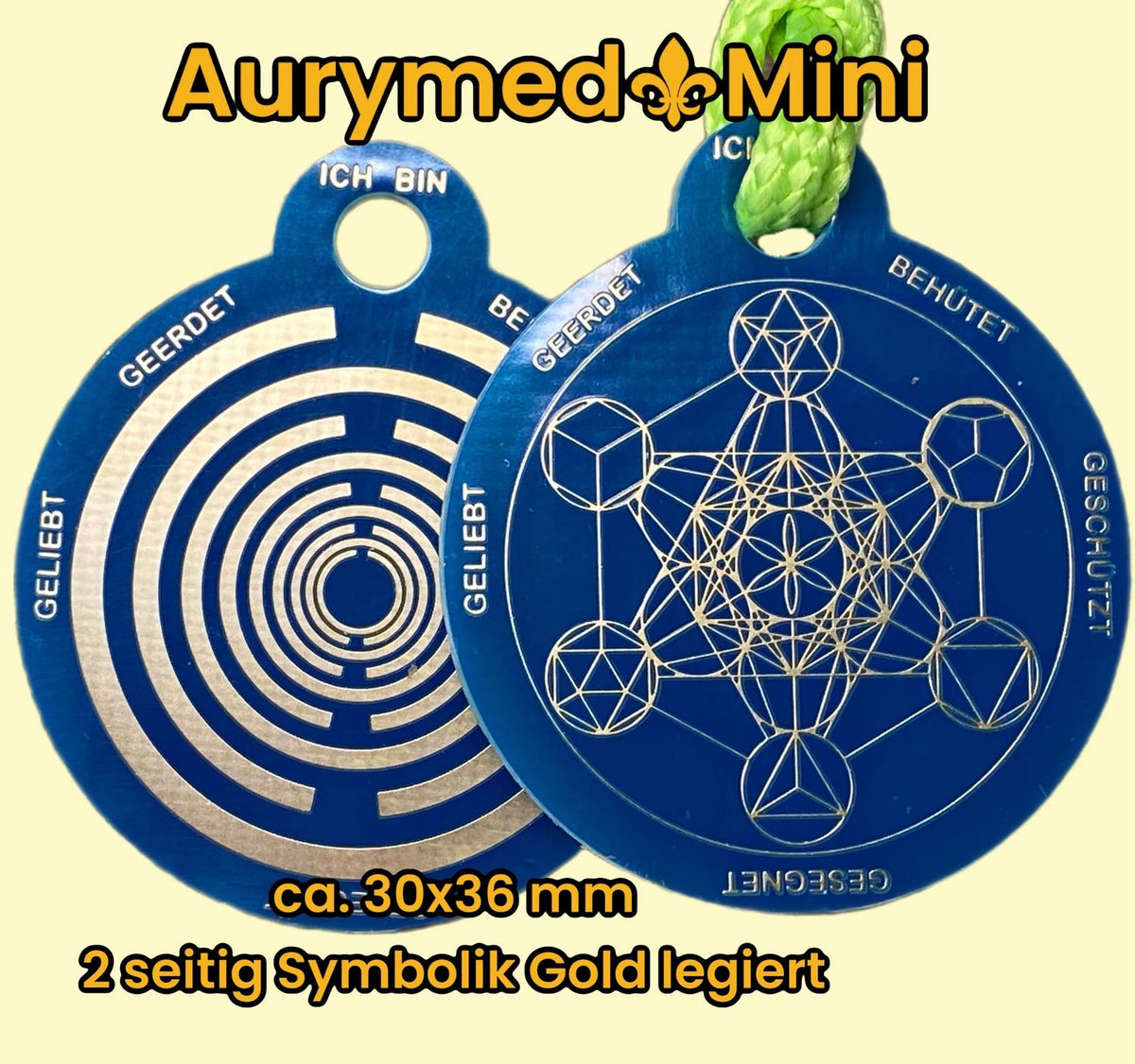 Anhänger Mini Serie rund – Lakhovsky MWOn Symbol Design – Metatron und "Ich bin" Mantren – Produktansicht 1