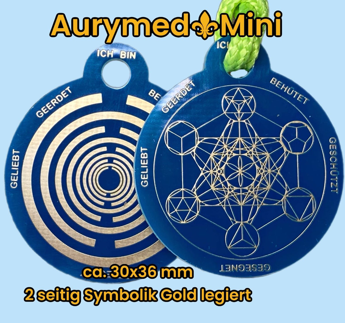 Anhänger Mini Serie rund – Lakhovsky MWOn Symbol Design – Metatron und "Ich bin" Mantren – Produktansicht 1