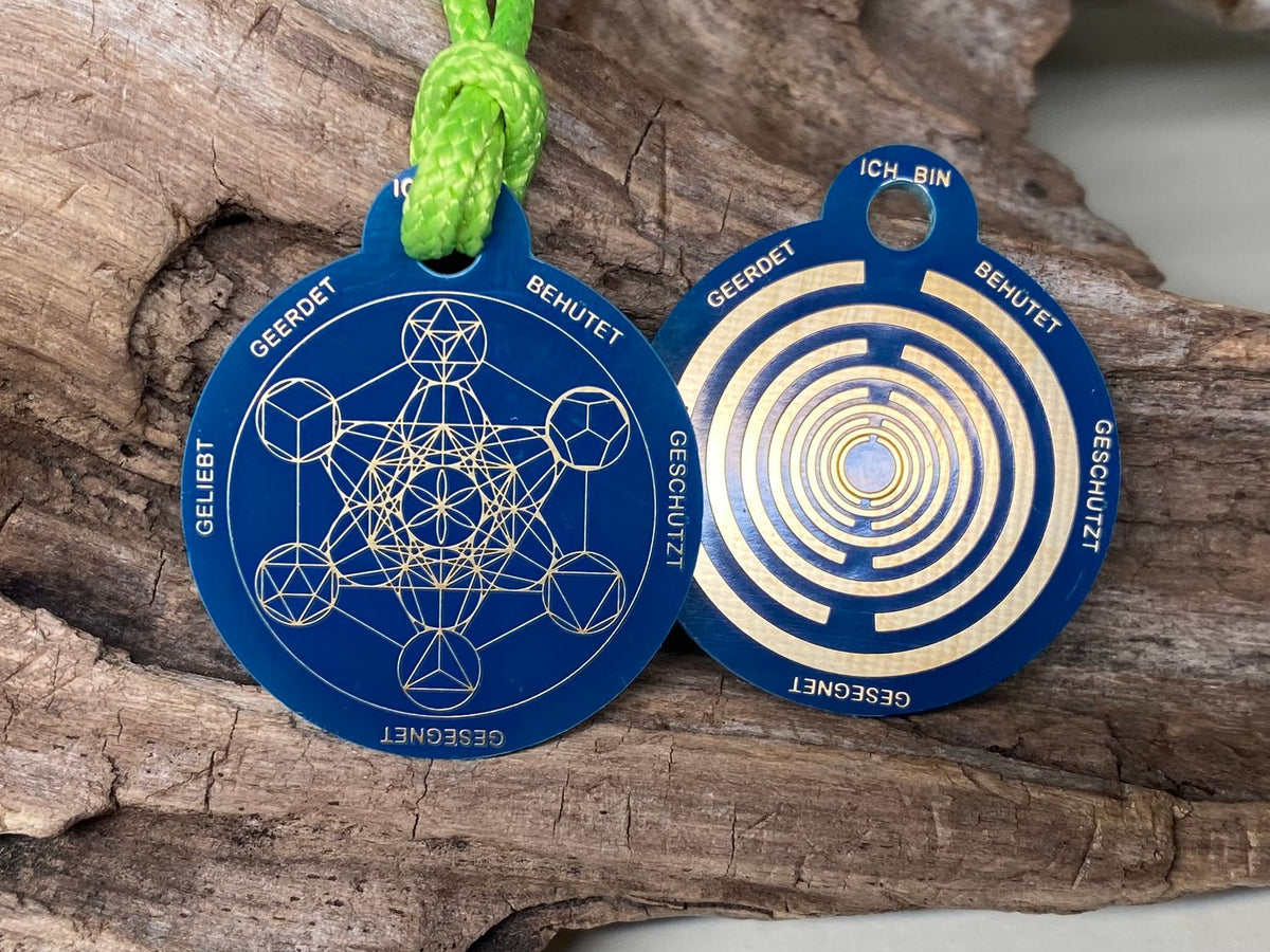 Anhänger Mini Serie rund – Lakhovsky MWOn Symbol Design – Metatron und "Ich bin" Mantren – Produktansicht 1