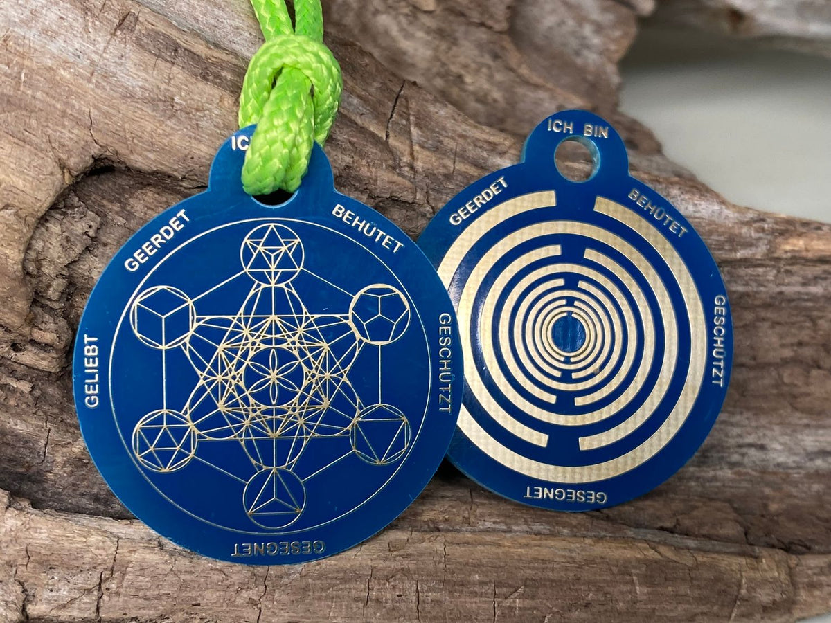 Anhänger Mini Serie rund – Lakhovsky MWOn Symbol Design – Metatron und "Ich bin" Mantren – Produktansicht 1