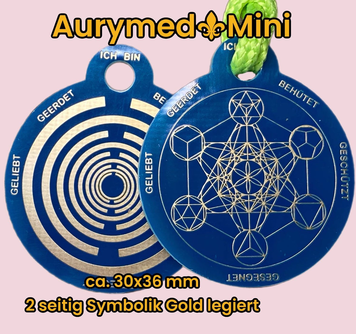 Anhänger Mini Serie rund – Lakhovsky MWOn Symbol Design – Metatron und "Ich bin" Mantren – Produktansicht 1
