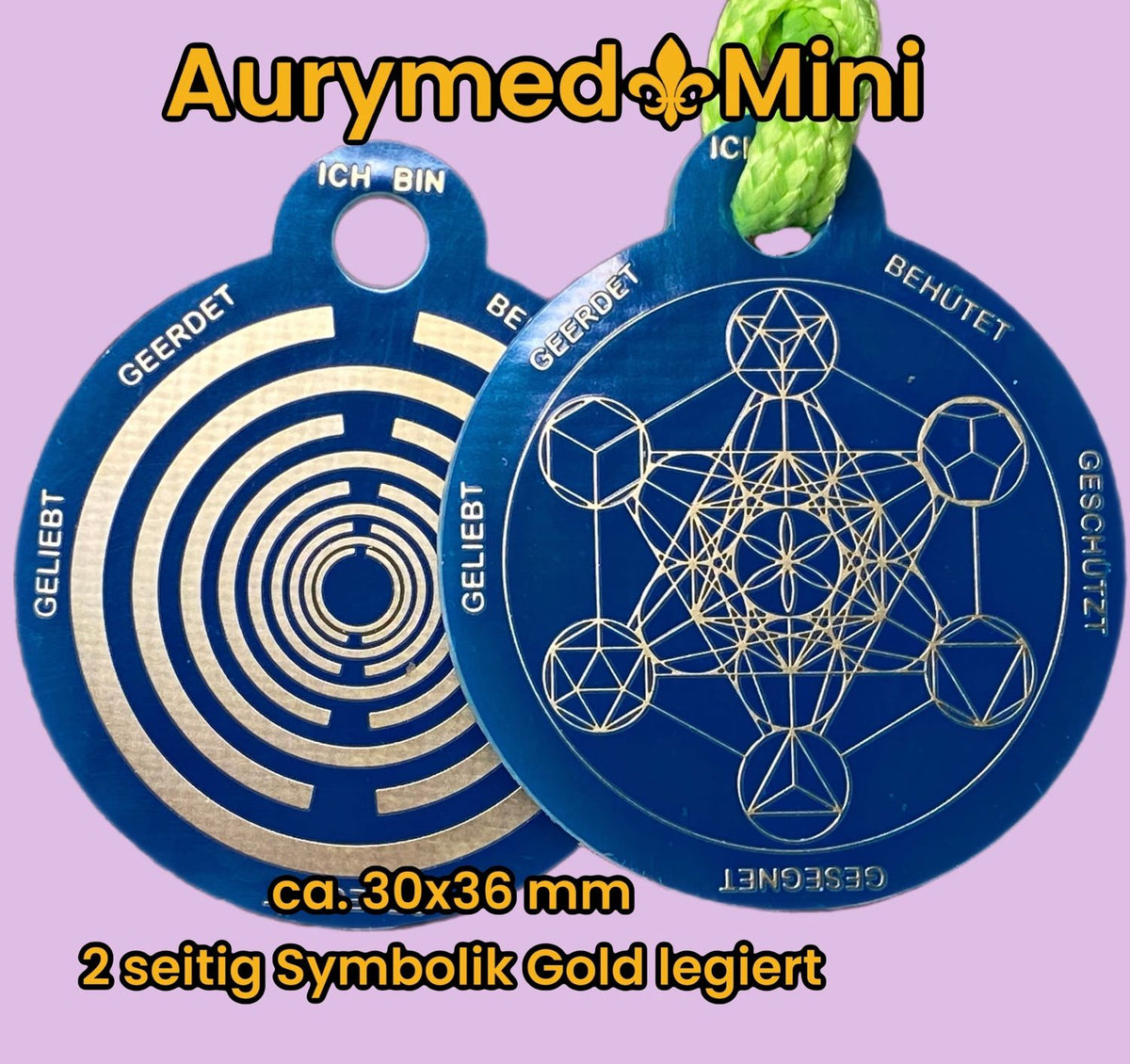 Anhänger Mini Serie rund – Lakhovsky MWOn Symbol Design – Metatron und "Ich bin" Mantren – Produktansicht 1