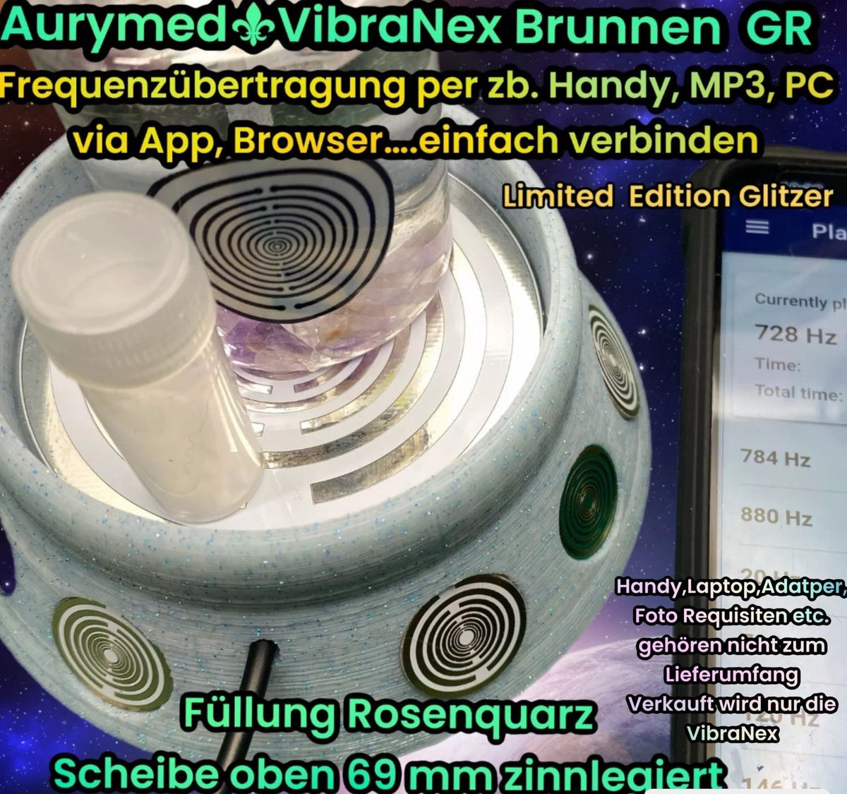 69 mm VibraNex Brunnen – Limited Glitzer Edition, Oberflächenplatte zinnlegiert, Füllung Rosenquarz – Produktansicht 1