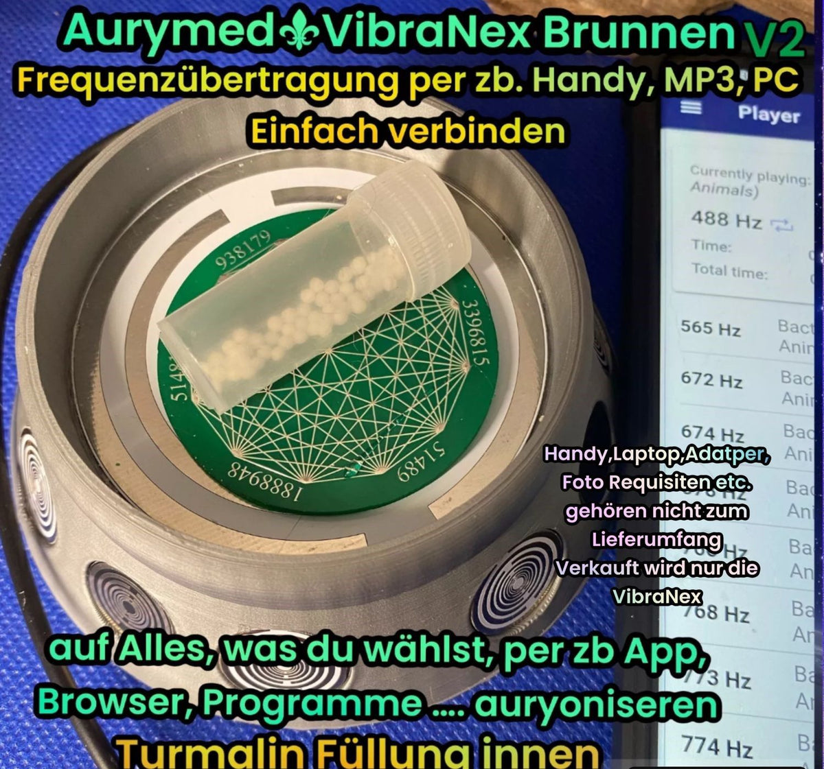 69 mm VibraNex Brunnen – grau, Oberflächenplatte zinnlegiert, Füllung Turmaline – Produktansicht 1