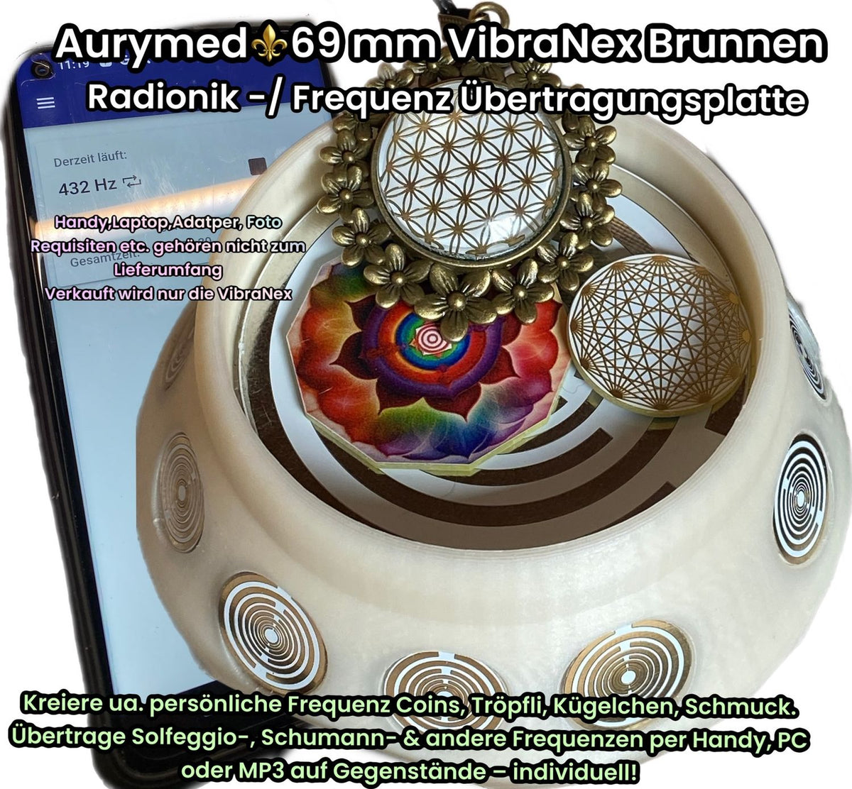69 mm VibraNex Brunnen – cremeweiß, Oberflächenplatte Zinnlegiert – Produktansicht 1