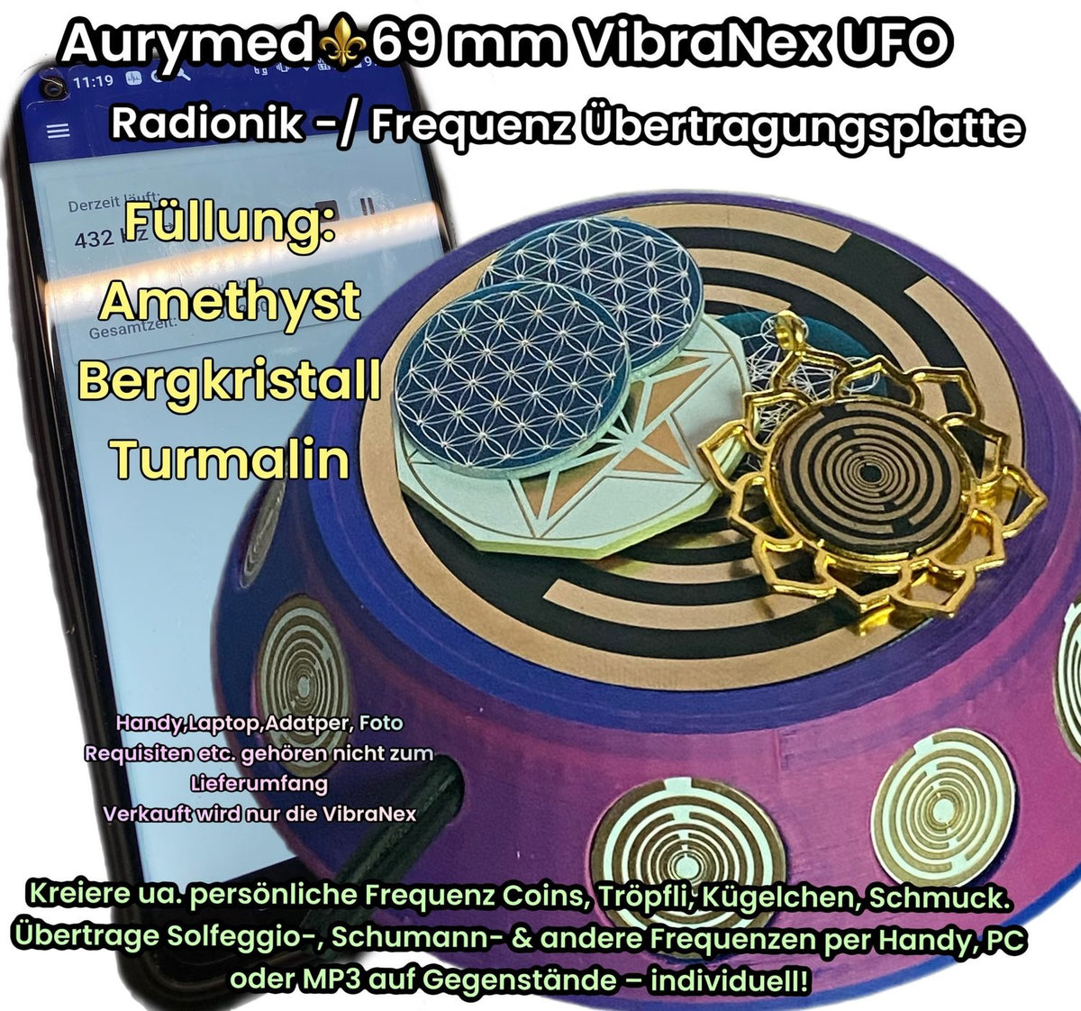 69 mm VibraNex UFO, Farbverlauf, Oberflächenplatte goldlegiert, Füllung Bergkristall, Turmalin, Amethyst – Produktansicht 1