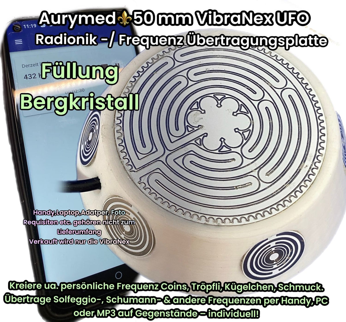 50 mm VibraNex UFO – weiß, Oberflächenplatte zinnlegiert, Füllung Bergkristall – Produktansicht 1