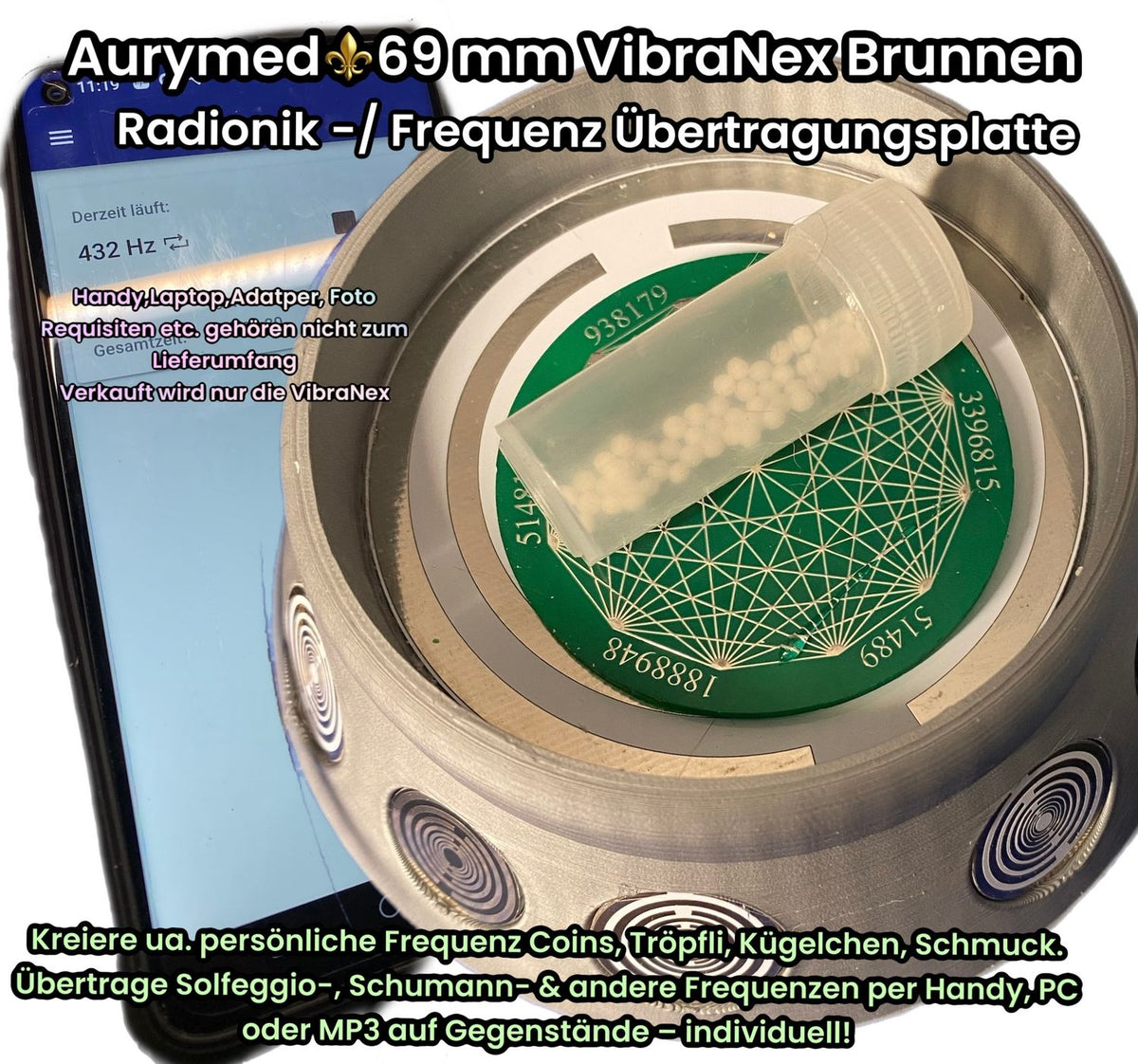 69 mm VibraNex Brunnen – grau, Oberflächenplatte zinnlegiert, Füllung Turmaline – Produktansicht 1