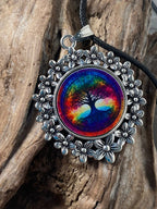 Amulett – silberfarben Blumenmuster mit Baum des Lebens Symbol – Produktansicht 1