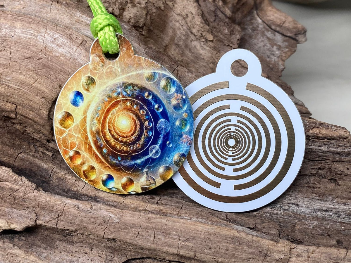 Anhänger Mini Serie rund – Lakhovsky MWOn Symbol Design – kosmischer Frequenz Symbolart – Produktansicht 1