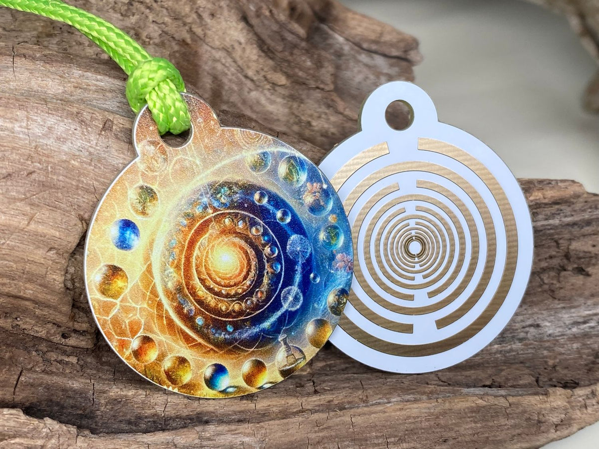 Anhänger Mini Serie rund – Lakhovsky MWOn Symbol Design – kosmischer Frequenz Symbolart – Produktansicht 1