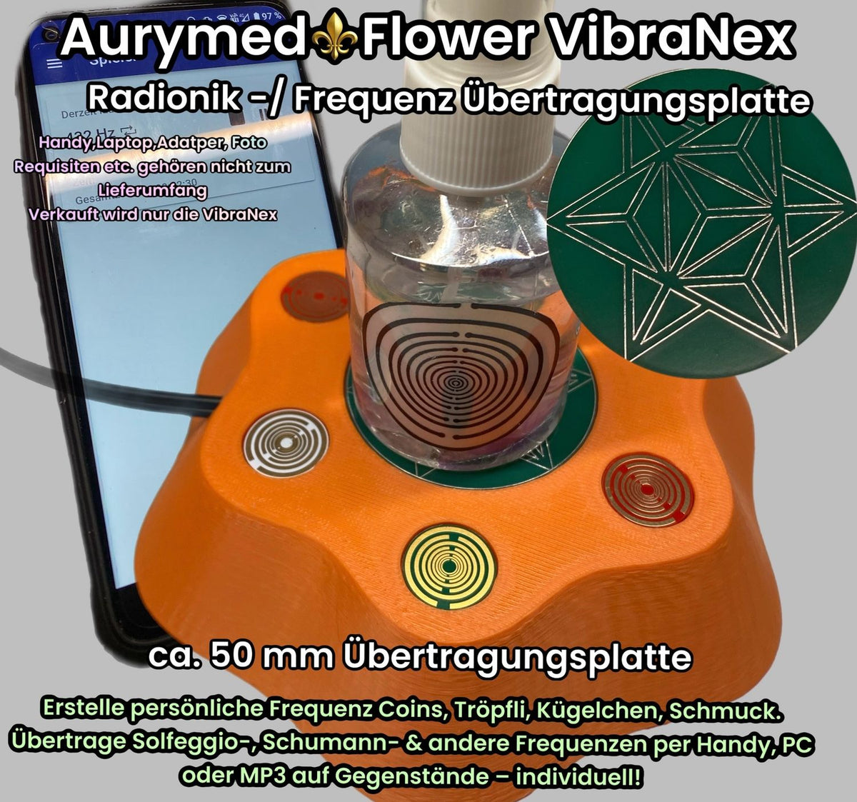 VibraNex Flower – 50 mm Oberflächenplatte – Merkaba – Produktansicht 1