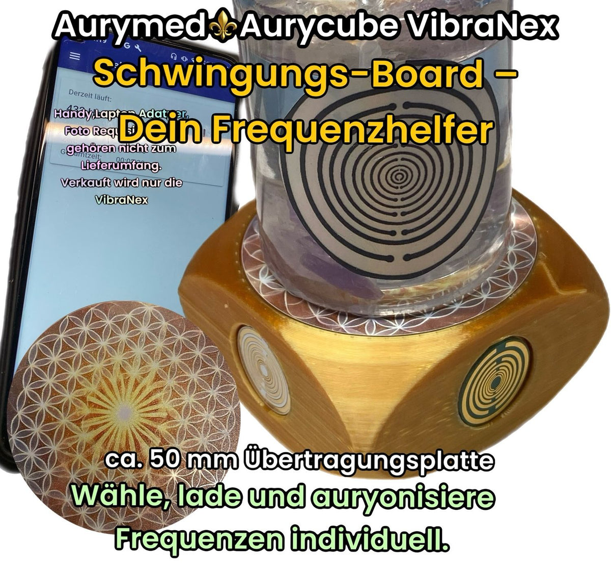 VibraNex Aurycube – 50 mm Oberflächenplatte – Blume des Lebens – Produktansicht 1