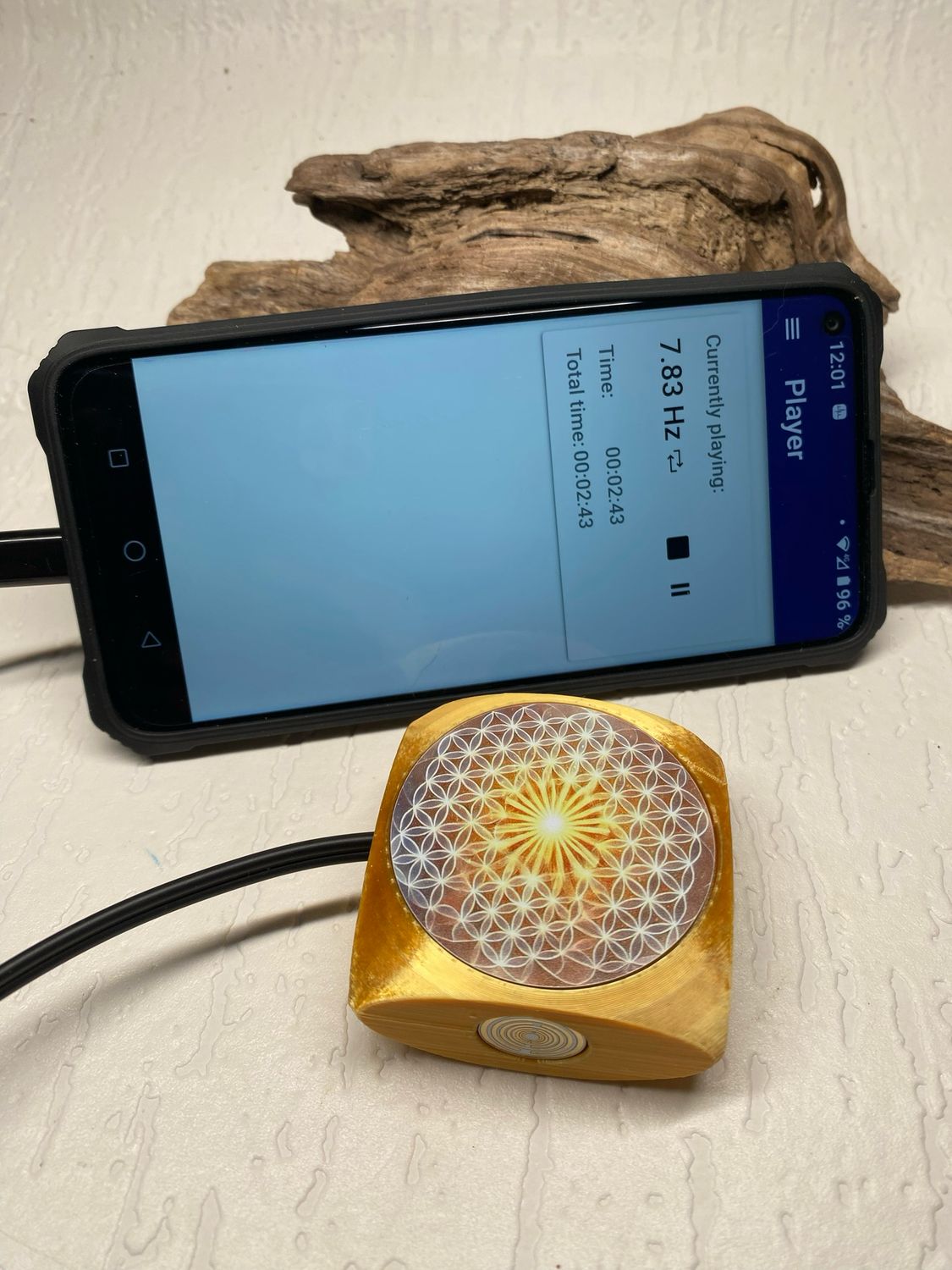 VibraNex Aurycube – 50 mm Oberflächenplatte – Blume des Lebens – Produktansicht 1