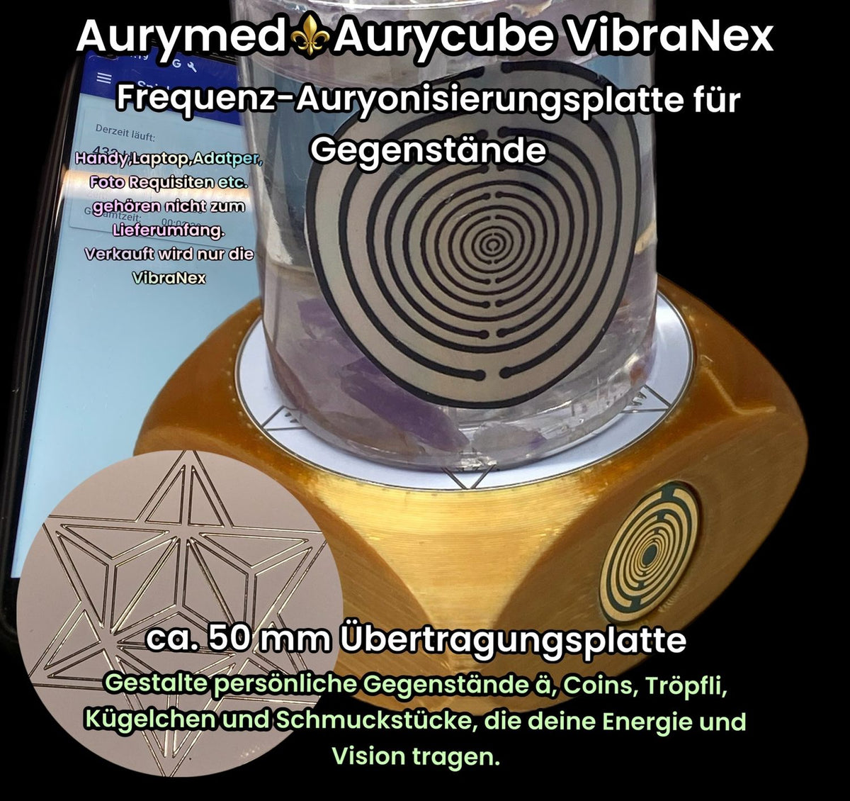 VibraNex Aurycube – 50 mm Oberflächenplatte – Merkaba – Produktansicht 1