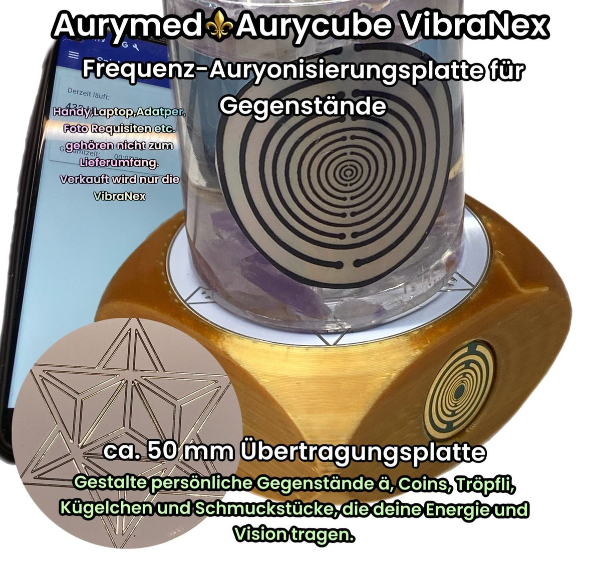 VibraNex Aurycube – 50 mm Oberflächenplatte – Merkaba – Produktansicht 1