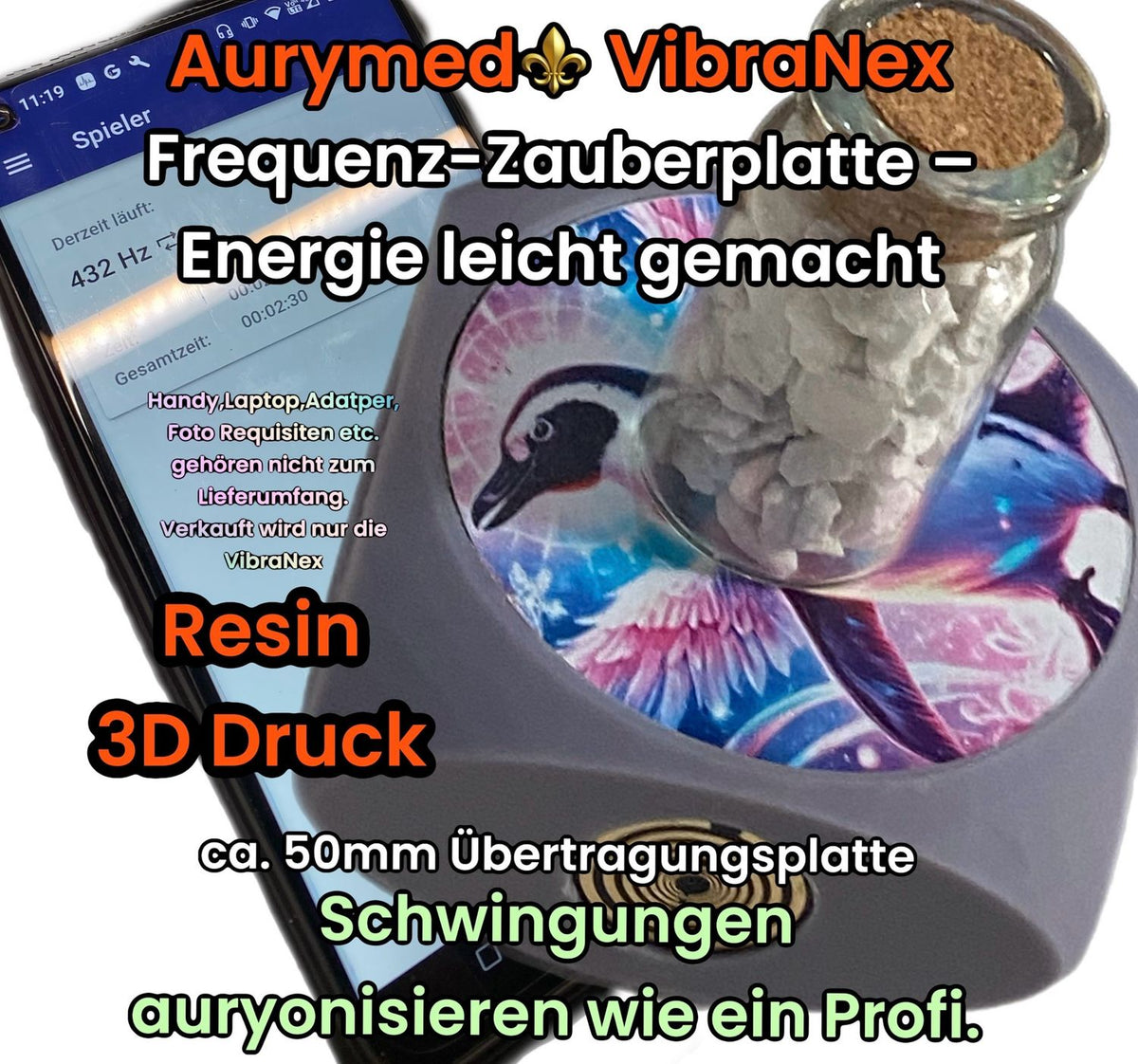 VibraNex Aurycube – Resin Harz – 50 mm Oberflächenplatte – Pinguin – Produktansicht 1